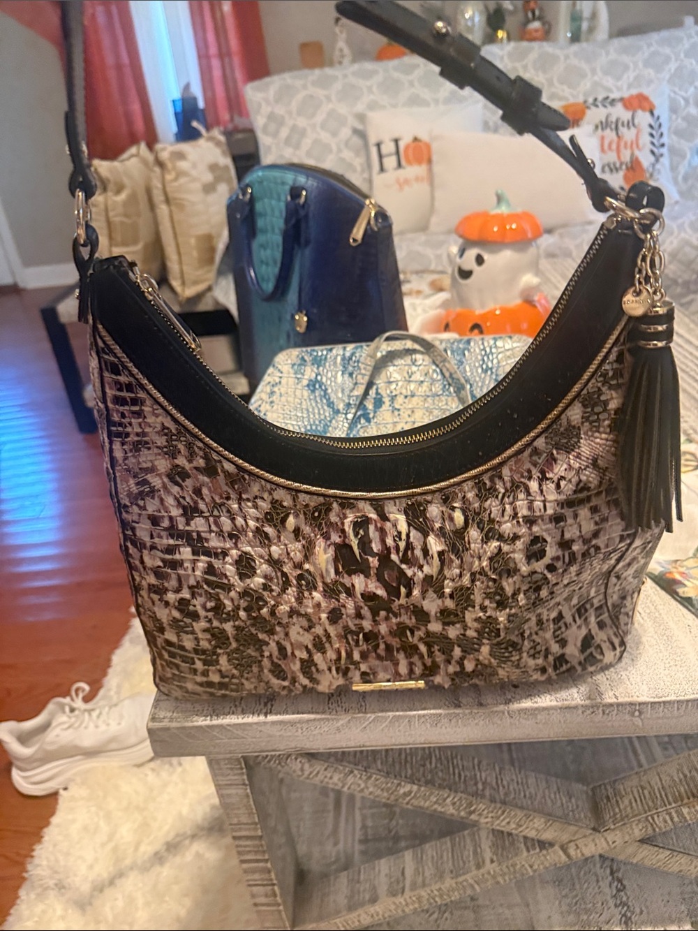 Brahmin Black and Mauve Croc-Embossed Shoulder Bag